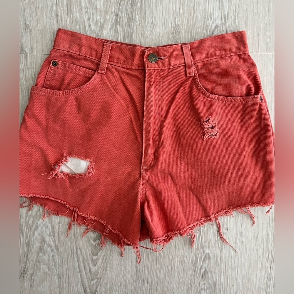 Shorts Vintage 90s Denim Cutoff Hunt Club Coral Ripped Raw Hem High Waist 3/4 - Picture 4 of 7